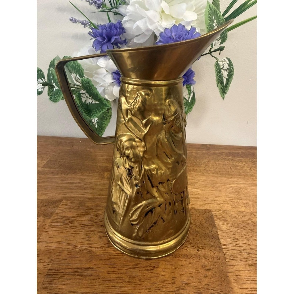 Vintage English Embossed Metal Decorative Pitcher Flared Spout Medieval Figures